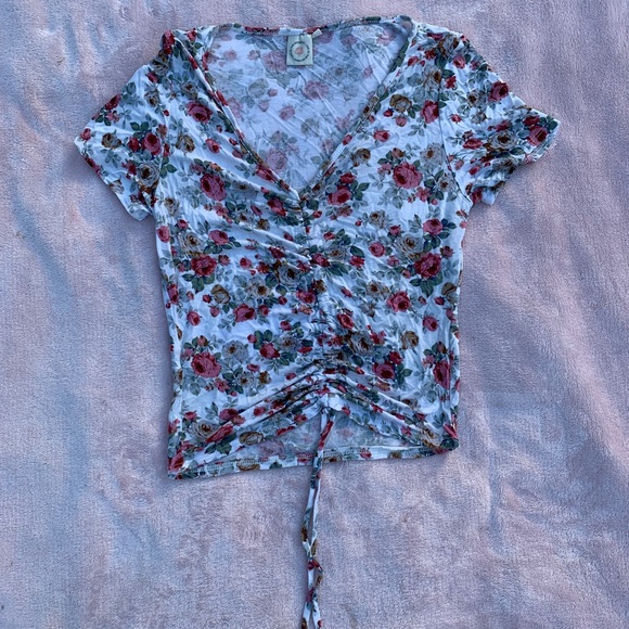Floral Ruched Drawstring Blouse Top - Picture 2 of 4